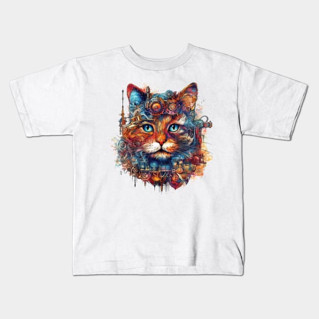 Steampunk Cat Kids T-Shirt by erzebeth